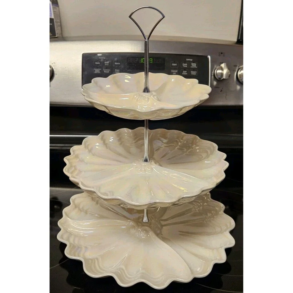 Vintage Maddux Of California Opalescent Cream & Silver 3 Tier Serving Tray READ